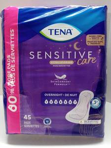 lot 100112 image: FACTORY SEALED - TENA Sensitive Care Overnight Pads - 45 Count