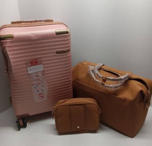 lot 100127 image: 3-Piece Travel Luggage Set - Rose Gold Suitcase with Brown Bags