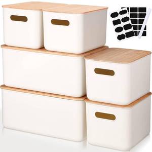 lot 100133 image: FACTORY SEALED - Suzile 6 Packs Plastic Storage Bins with Bamboo Lids Christmas Stackable Storage Containers for Xmas Decoration Ornaments Document Paper Organizing, with Labels and Marker(Multiple Size)