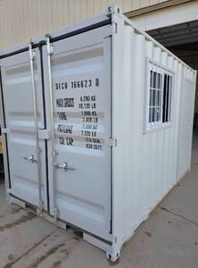 lot 5376 image: 2025 Unused 12ft Shipping Container with Office Door & Lock, Double Rear Doors, Window with Security Bars & Fork Pockets for Easy Transport - Weather, Rodent & Fireproof - Delivery Available