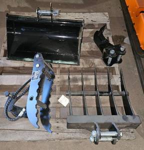 lot 5073 image: Unused 2025 Lot of Four (4) Mini Excavator Attachments - 60mm Bucket - Hydraulic Thumb - RipperPick -Rake