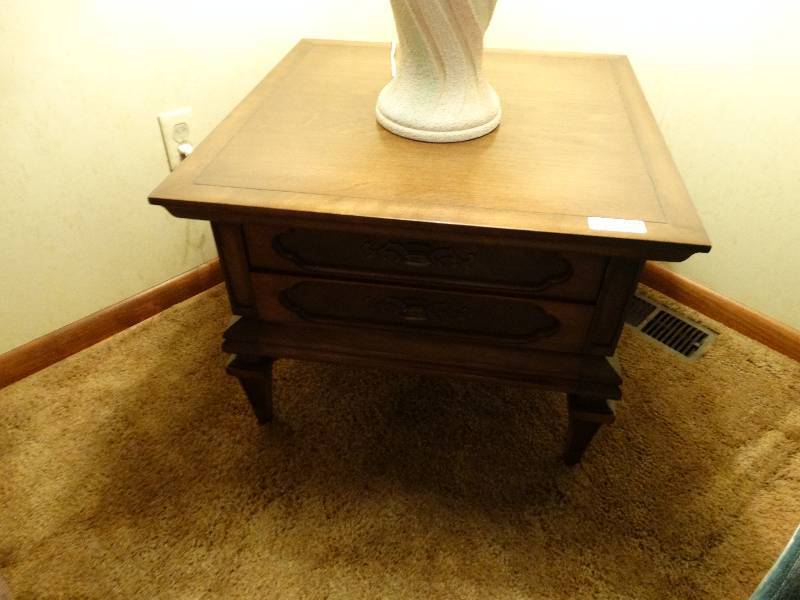 lot 12928 image: Wood end table w 2 velvet lined drawers