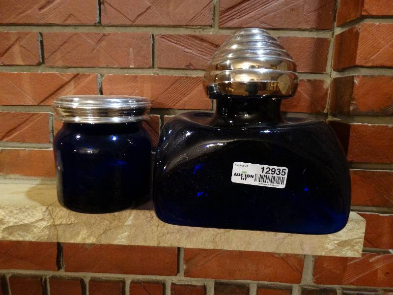 lot 12935 image: 2 blue glass jars w lids