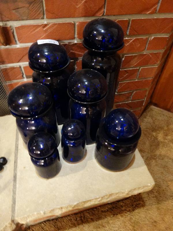 lot 12937 image: 7 blue glass lidded jars