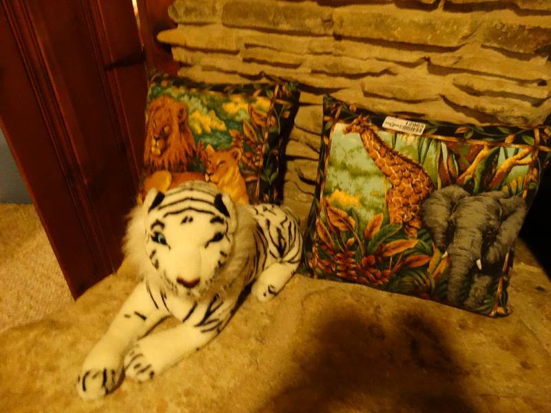 lot 12965 image: Jungle theme pillows & stuffed white tiger