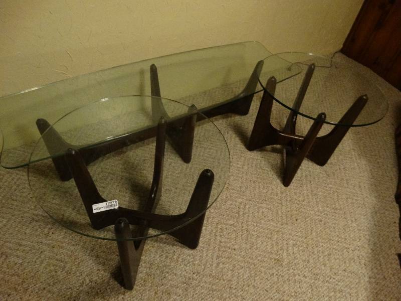 lot 12976 image: Mid century 3 pc glass top coffee & end table set- AWESOME Set