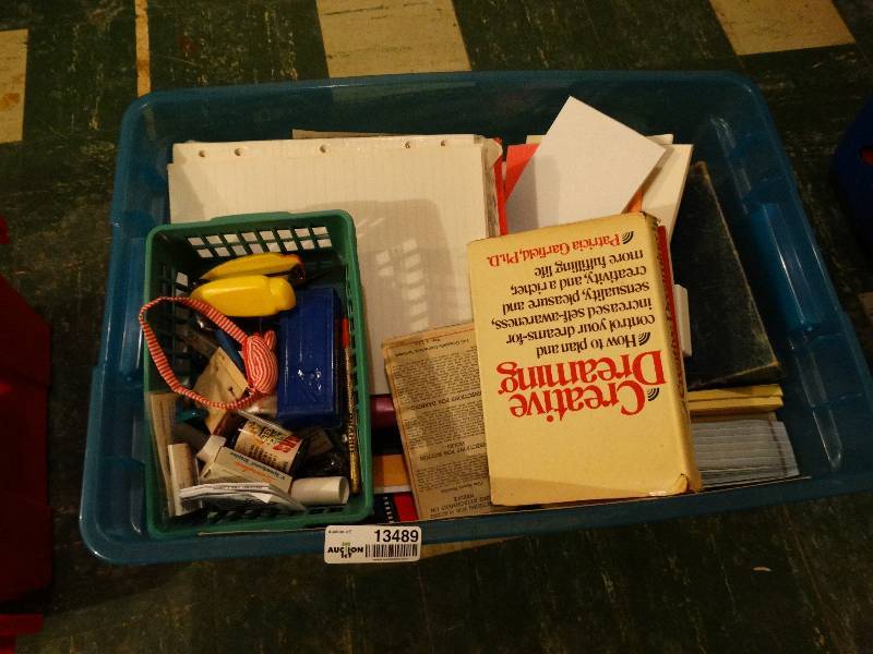 lot 13489 image: Tote full of paper notebooks pensmisc.