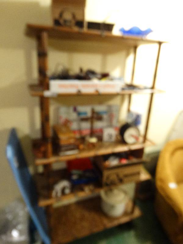 lot 13492 image: Bamboo look shelf & contents