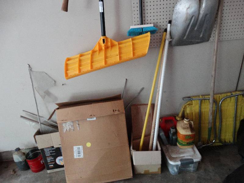 lot 13503 image: Lot of snow shovel, axe, small broom, 2 new rakes, swing blade, lawn chair, etc.