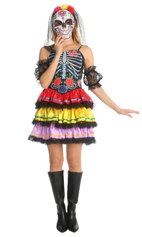 lot 42258 image: SKAYS Halloween Costumes Day Of The Dead Costume Adult Women Sugar Skull Print Mini Dress S