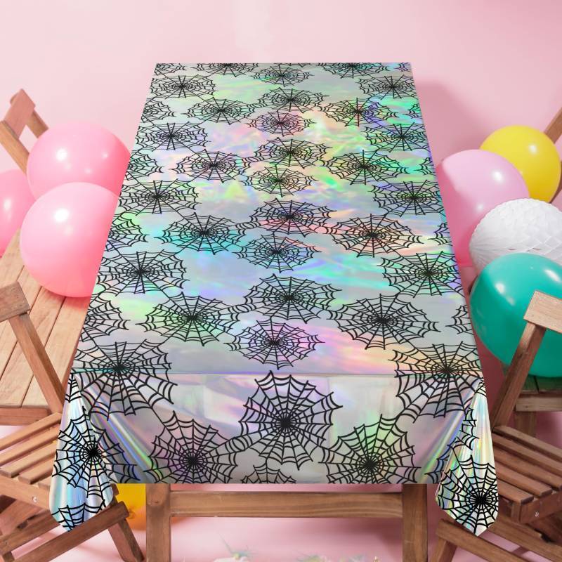lot 42294 image: Cheerland Spiderweb Tablecloth Iridescent Holographic Foil Table Cover Halloween Party Decorations Disposable Plastic Cloth for Spooky Birthday Bachelorette Bridal Shower Halloween Party Supplies 2pcs