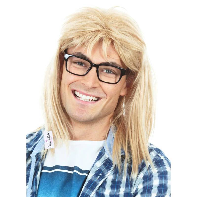 lot 42310 image: ALLAURA Compatible with Garth Wig Blonde Mullet Wig  Black Glasses for Men 80s 90s Rocker, Punk, Heavy Metal Costume Funny Halloween Couples Outfit, Party Cosplay, Garth & Wayne Duo Look