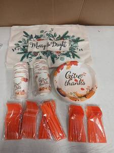 lot 23316 image: Give Thanks Disposable Plates Cups and Plastic Silverware Serves 30 Plus 2 Decorative Throw Pillow Covers 19x12in