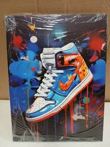 lot 23361 image: Framed Trendy Bansky Graffiti Pop Sneaker Shoe Canvas 12 x 16in