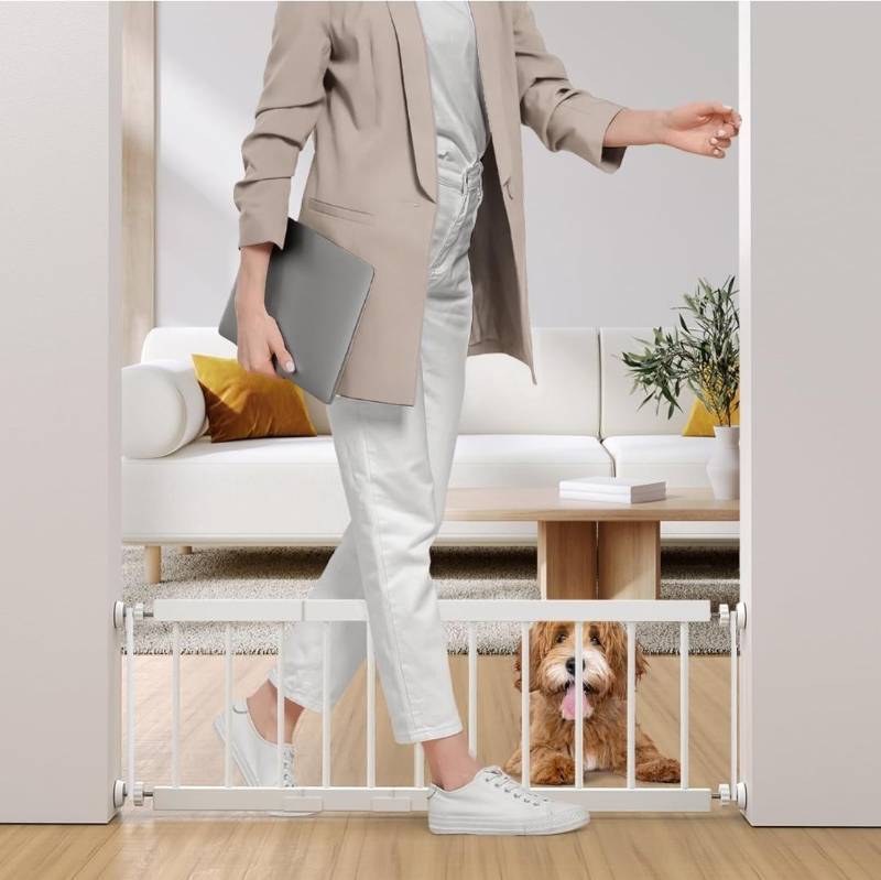 lot 12970 image: Dog Gate Indoor,18-45 Extra Wide Metal Short Dog Gate to Step Over, 14 Tall Small Pet Gate with 3 Extension Kits, Pressure Mounted for Doorways & Stairs