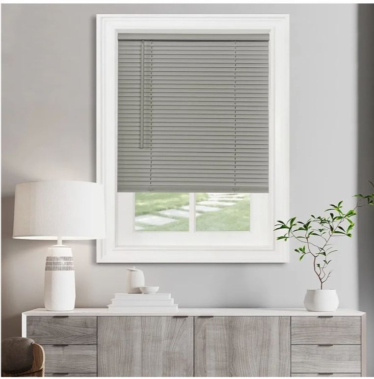 lot 13005 image: Cordless Light Filtering Mini Blind - 32 Inch Width, 64 Inch Length, 1 Slat Size - Grey - Cordless GII Morningstar Horizontal Windows Blinds for Interior