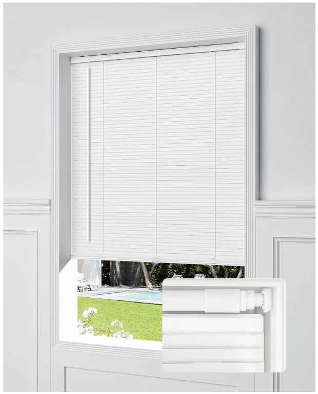 lot 13015 image: No Tools No Drill Cordless Mini Blinds, 100% Privacy L-Shaped Blades 1 Vinyl Blinds for Indoor Windows, for Windows Size (48 W x 64 H) Color (White)