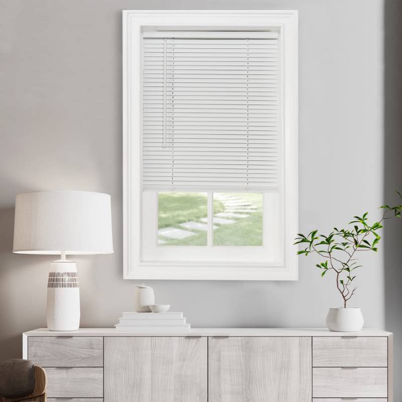 lot 32928 image: Cordless Light Filtering Mini Blind - 22 Inch Width, 64 Inch Length, 1 Slat Size - Pearl White - Cordless GII Morningstar Horizontal Windows Blinds for Interior by Achim Home Decor