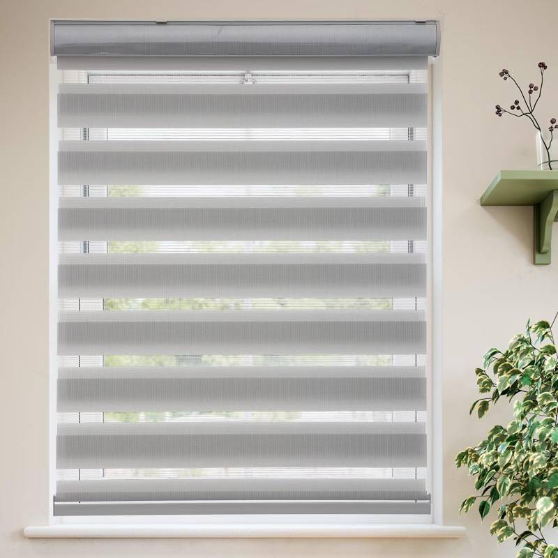 lot 42844 image: MYshade Roller Shades Zebra Blinds for Indoor Windows Cordless Day and Night Light Filtering Dual Layer Roller Window Blinds & Shades, Easy to Install, Size 28 W x 50 H, Grey