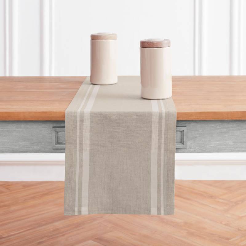 lot 22260 image: Solino Home Linen Table Runner 48 Inches - 100% Pure Linen White and Natural French Stripe Table Runner 14 x 48 Inch Ideal for Dresser and Coffee Tables - Summer
