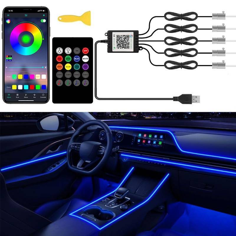 lot 51958 image: Interior Car Lights with Wireless APP and Remote Control, 5 in 1 RGB Ambient Lighting Kit with 236 inches Fiber Optic, 16 Million Colors Car Neon Strip with Music Mode