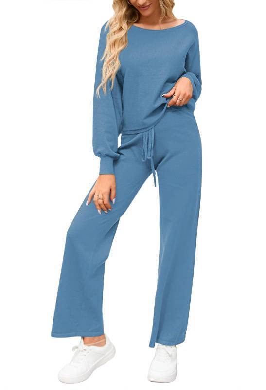 lot 51959 image: 2 Piece Sets for Women Lantern Sleeve Slouchy Sweater Wide Leg Pants Sweatshirt Outfits Loungewear Blue XL
