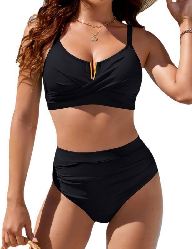 lot 51968 image: Womens High Waisted Bikini Sets Modest Tummy Control Swimsuits V Wire Criss Cross Bathing Suit Swim Suits(L,Black