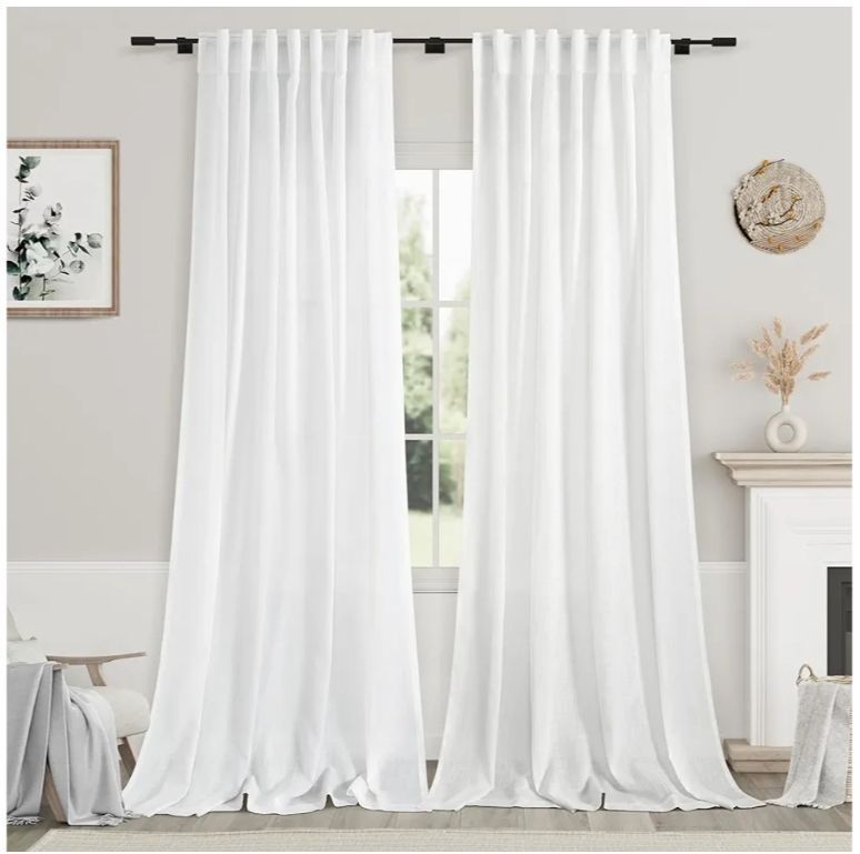 lot 13065 image: Extra Long White Curtain 108 inches Long 2 Panels Set for Living Room Back Tab Modern Farmhouse Decor Textured White Linen Curtains.