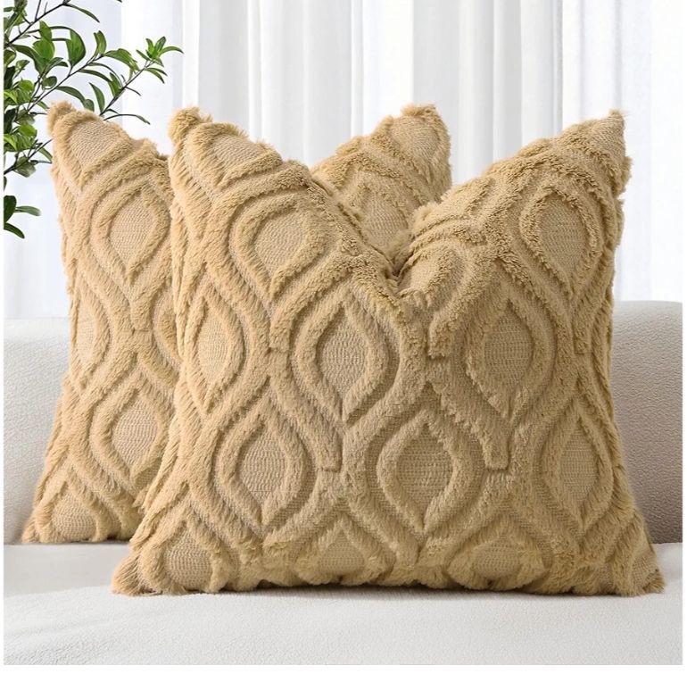 lot 32012 image: Throw Pillow Covers 18x18 Inch Set of 2, Soft Plush Faux Wool Khaki Solid Couch Pillow Covers, Accent Farmhouse Neutral Square Pillow Cases for Sofa Bed Living Room Home Decor