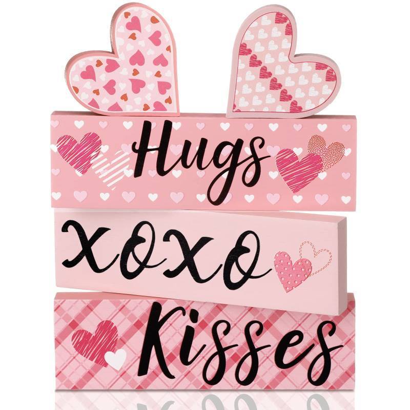 lot 32153 image: 5 Pieces Valentines Day Desk Decorations Hugs Kisses Valentines Sign Wooden Decor Gift Mini Love Heart Wood Block Signs Wedding Tiered Tray Table Decorations(Pink)