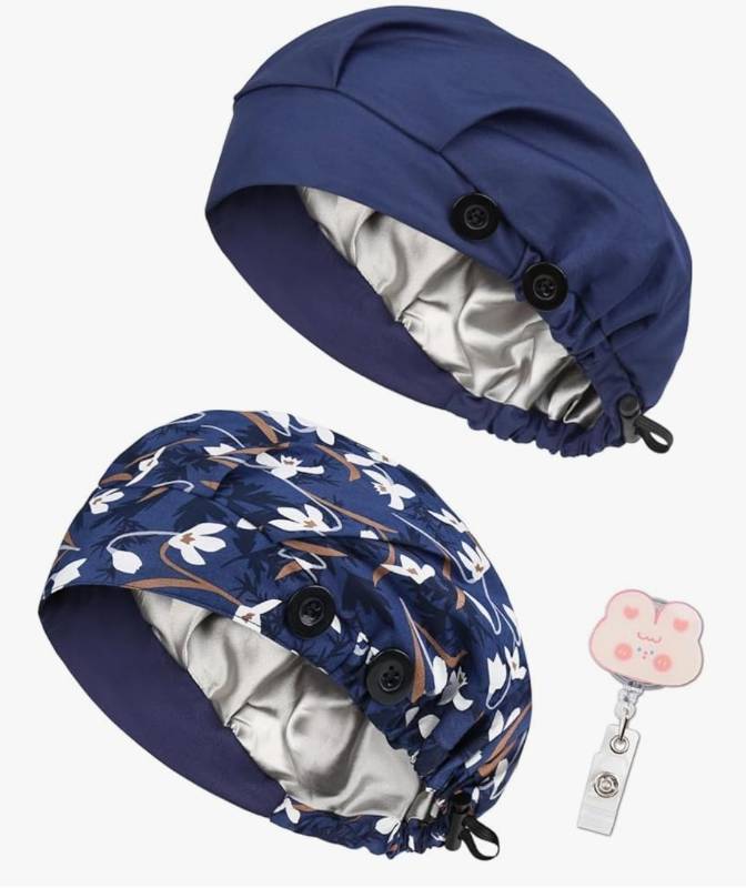 lot 31355 image: 2 Pack Satin Lined Bouffant Scrub Caps with Buttons, Adjustable Scrub Caps