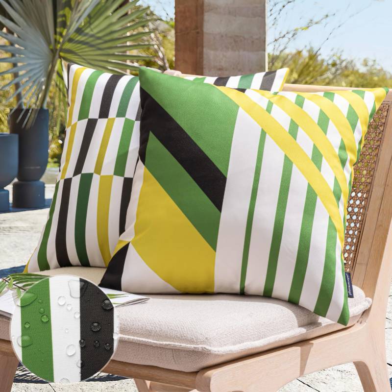 lot 41327 image: Phantoscope Pack of 2 Outdoor Pillows Waterproof Geometric Stripes Outdoor Pillow Covers, Decorative Square Patio Pillows Cushion Case for Couch Tent Sunbrella, Olive Green and Lemon Yellow 20 x 20