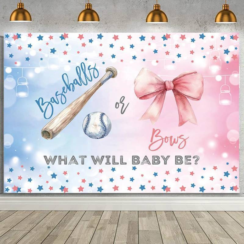 lot 31755 image: MEHOFOND 7x5ft Baseballs or Bows Gender Reveal Backdrop Boy or Girl What Will Baby Be Decorations Banner Pink and Blue Stars Gender Reveal Baby Shower Photography Background Cake Table Supplies