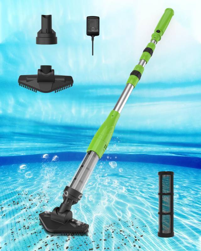 lot 13126 image: Poolergetic Cordless Rechargeable Pool Vacuum, Handheld Pool Cleaner with Telescopic Pole for Hot Tubs, Spas, Above Ground and Inground Pools Cleaning for Sand and Debris, Green (Does Not Power)