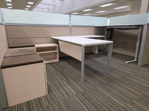 lot 13050 image: Contents of Cubicle, Adjustable Desk, L Shaped Desk, Storage Filing Cabinet, (2) Small Filing Cabinets