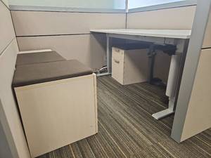 lot 13005 image: Modern White Office Storage Cabinet Set with Cushions and Adjustable Desk