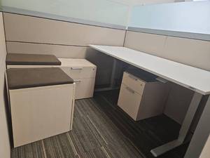 lot 13006 image: Modern White Office File Cabinet with Cushion Top and Adjustable Desk
