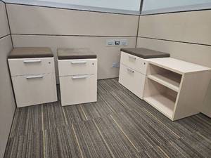 lot 13008 image: Modern White 2-Drawer Mobile Filing Cabinet and Larger 2- Drawer File Cabinet with Open File Space
