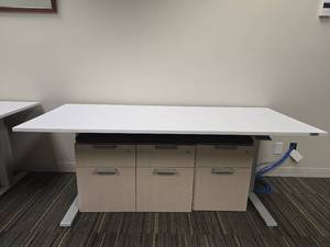 lot 20002 image: Standing Modern 5.10ft White Table and 3 Office File Cabinets with Cushioned Top