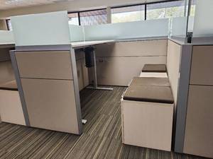 lot 13174 image: Modern Office Sit - Stand Desk with Filing Cabinets&nbsp
