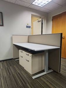 lot 20430 image: Modern Office Cubicle Workstation W&nbspModern Office Height-Adjustable Desk with Filing Cabinet