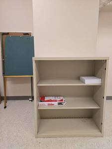 lot 13145 image: Office Storage Set - Metal Bookshelf and Presentation Easel