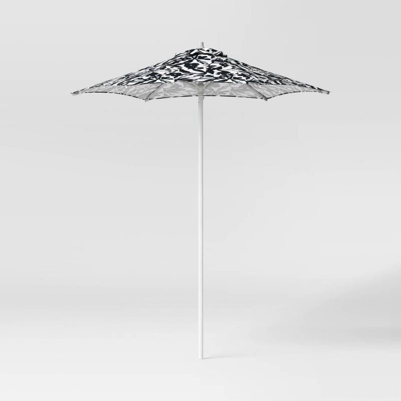 lot 4766 image: 6 Round Floral Monochrome Outdoor Patio Market Umbrellas Jet Black with White Pole - Room Essentials - Retail $60