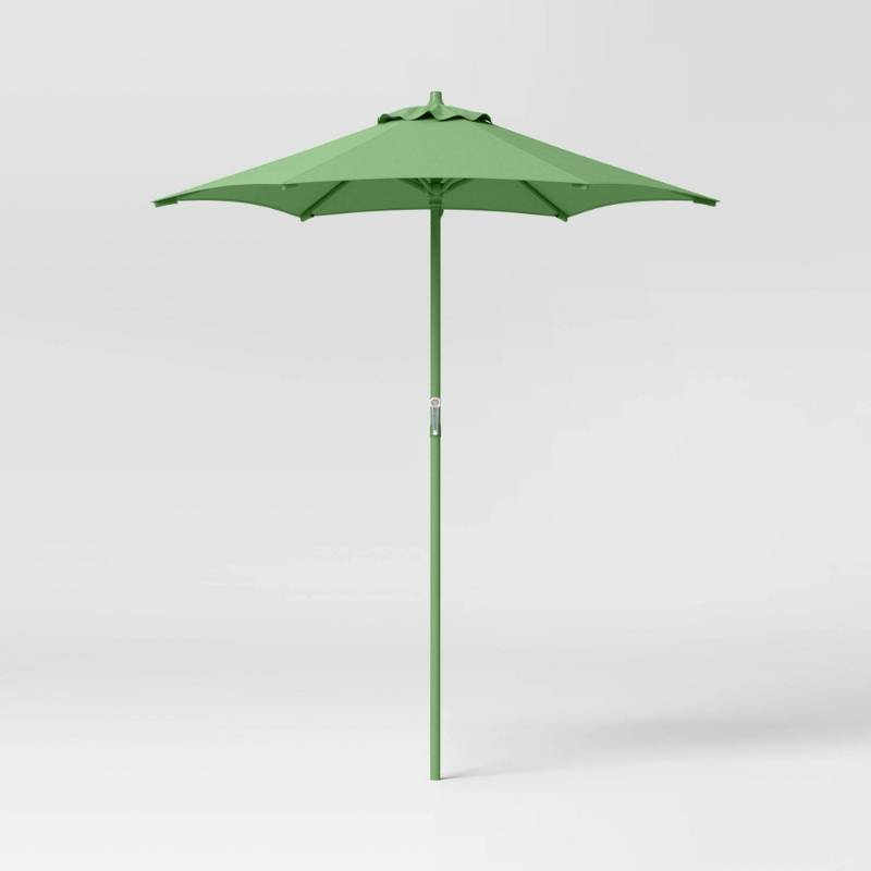 lot 7598 image: 6 Round Solid Monochrome Outdoor Patio Market Umbrellas Sage Green with Sage Pole - Room Essentials - Retail $60