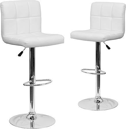 lot 8817 image: Flash Furniture Alexandra 2 Pack Contemporary White Quilted Vinyl Adjustable Height Barstool with Chrome Base (Iron Stand Only) - Retail $258