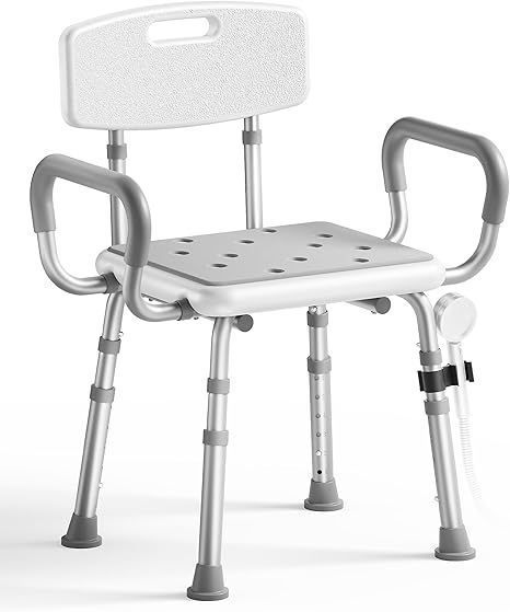 lot 8821 image: Shower Chair for Inside Shower with Arms and Back, Height Adjustable Shower Chair for Elderly and Disabled with Enhanced Non-Slip Feet, 400 lbs Heavy Duty Shower Seat for Seniors - Retail $74