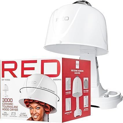 lot 8410 image: Red by Kiss 3000 Ceramic Tourmaline Professional Hood Dryer, 4 Heat Settings Blow Dryer for Home & Salon, Height Adjustable Convenient Big Hood Size Extra Coverage (1875 Wattage) - Retail $80