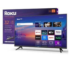lot 5216 image: Roku Smart TV 2025  32-Inch Select Series, 720p HD TV RokuTV with Voice Remote&nbsp Flat Screen LED Television with Wi-Fi for Streaming Live Local News, Sports, Family Entertainment (BROKEN)  - Retail $123
