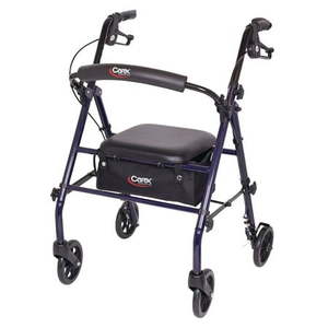 lot 5224 image: Carex Rollator Walker with Padded Seat  6-inch Wheels  Cushioned Back Support and Storage Pouch  Navy - Retail $60