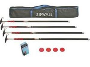 lot 6338 image: 10 Ft. Stainless Steel Dust Barrier Poles with 2-Adhesive Zippers and a Carry Bag Black (4-Pack) - Retail $187